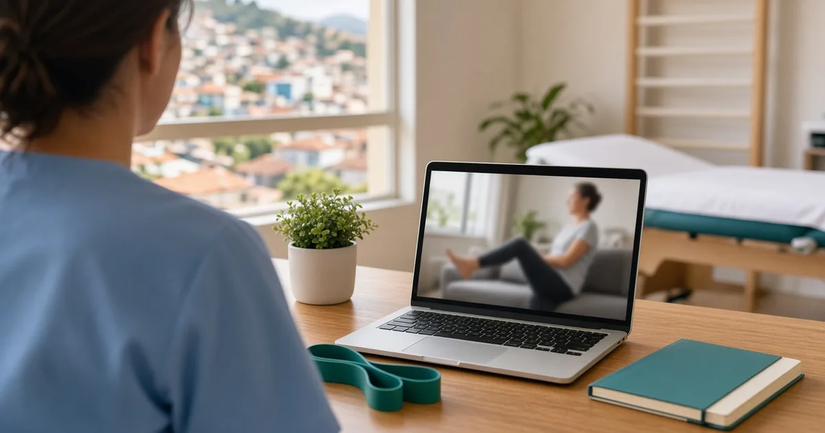 Fisioterapeuta de costas acompanha por videochamada no notebook um paciente fazendo exercício de joelho em casa